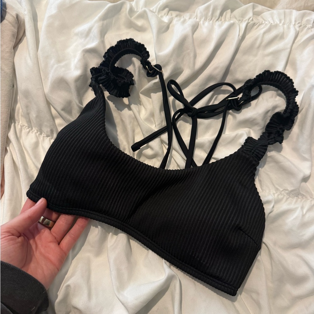 Hollister Black Ribbed bathing suit with tie back and ruffle sleeve
